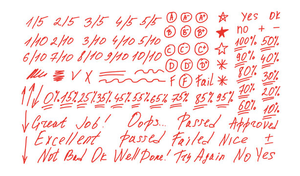Exam grade marks doodle style set. School test results different hand drawn sings. Teacher scores of student homework. Vector handwritten scribble academic rating symbols isolated on white background.