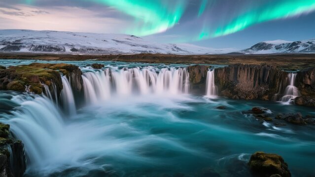 Aurora Borealis Over Godafoss Waterfall in Iceland