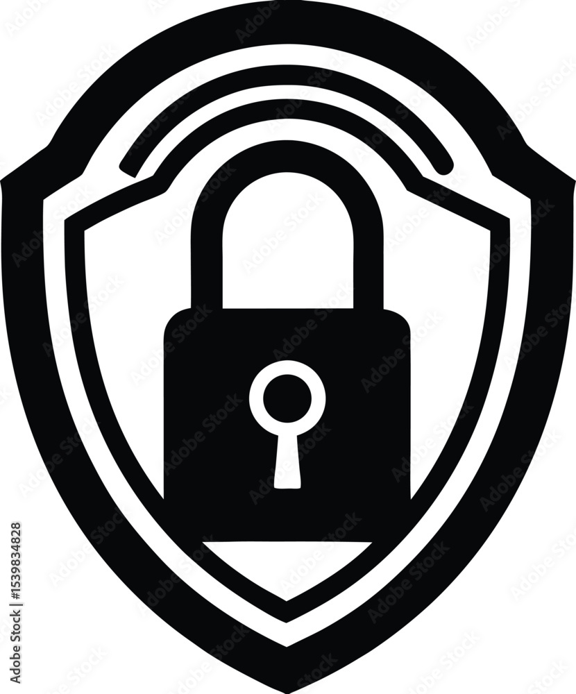 Poster security shield icon with padlock silhouette representing data protection and cybersecurity