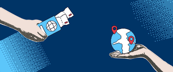 Travel collage with photocopy hand and pixel art tourism elements. Human arms palm holding passport with airplane tickets and planet with location map pin. Vector journey illustration.