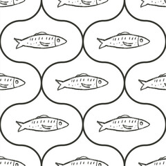 Crayon fish ogee seamless pattern. Sardines hand drawn endless background. Nautical damask repeat cover. Sea continuous ornament. Surface pattern design monochrome water motif. Vector illustration.