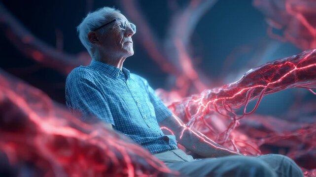 Medical visualization shows glowing narrowed arteries behind a seated elderly man, highlighting potential vascular issues and peripheral artery disease