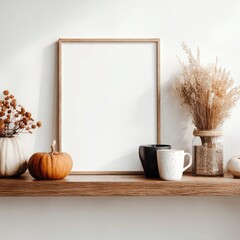 Minimalist autumnal shelf display featuring a blank frame, pumpkins, dried flowers, and mugs
