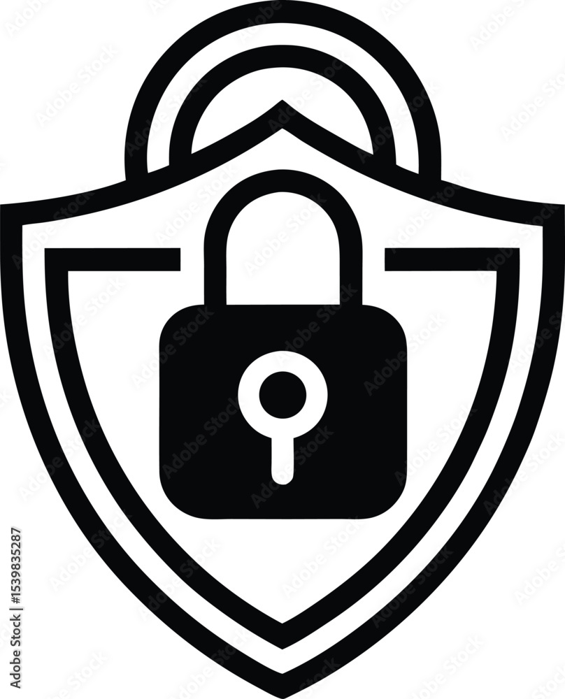 Poster secure shield with padlock illustrating silhouette data protection and cybersecurity measures