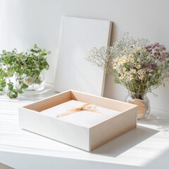 White wooden box with pale peach ribbon, nestled amongst wildflowers and greenery, on a bright white surface, bathed in sunlight