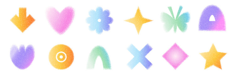 Y2k rainbow gritty pastel gradation arch, heart and arrow with flower forms. Sand dotwork gradient geometric shape. Butterfly and star noise icons on white background. Vector illustration.