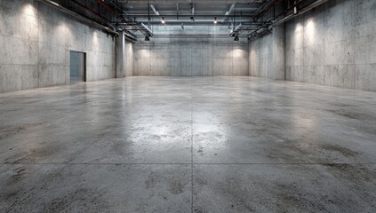 Vast, empty industrial space with polished concrete floor, exposed ceiling pipes, and concrete walls, subtly lit