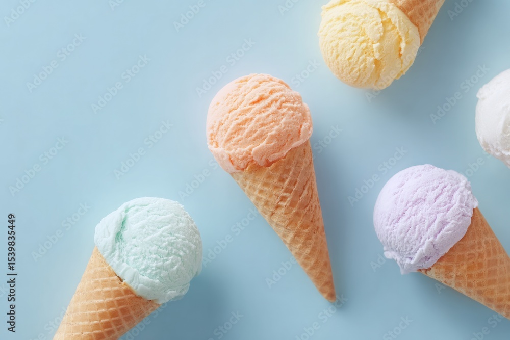 Poster minimalistic arrangement of assorted ice cream cones on pastel-colored background with ample copy sp