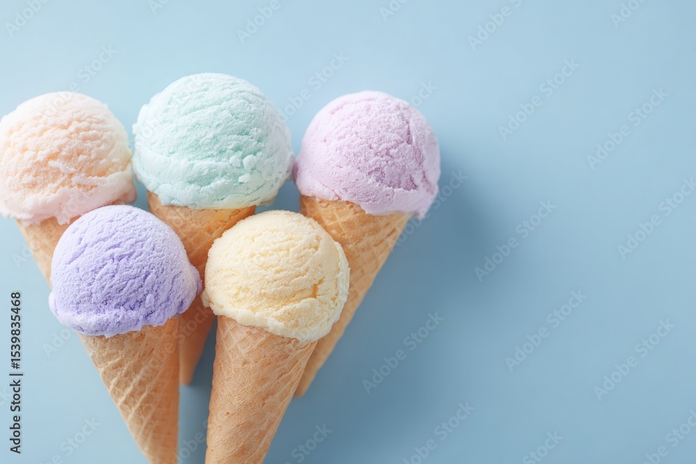 Poster minimalistic arrangement of assorted ice cream cones on pastel-colored background with ample copy sp