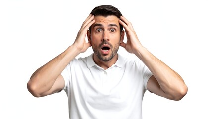 Naklejka premium Shocked man with hands on head, and white background.