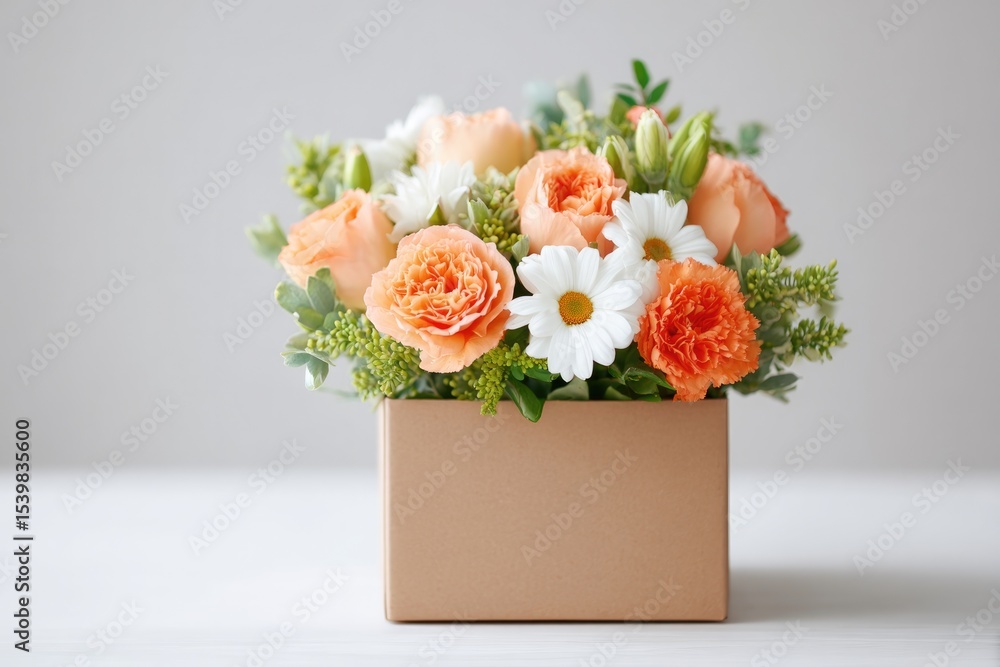 Poster minimalistic arrangement of flowers in delivery box placed on white table clean image with ample cop
