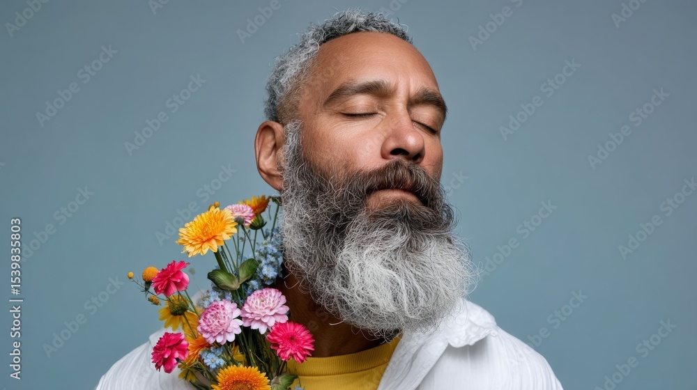 Poster man with a beard and a flower in his hand. he is looking at the camera with a peaceful expression