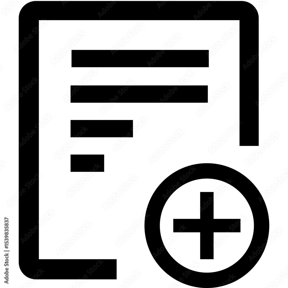 Poster document icon with lines and a plus sign indicating adding a new file or creating new content here n