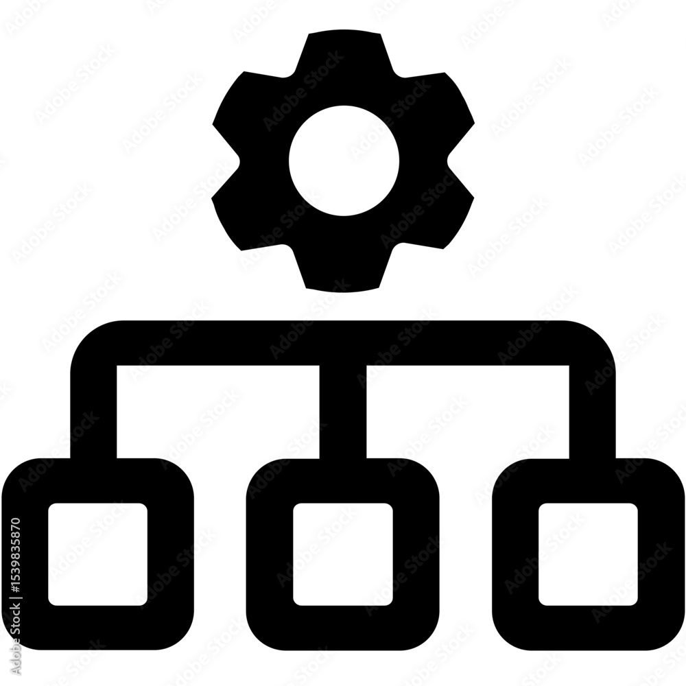 Poster black diagram with a gear on top showing a process or a system with multiple connected components