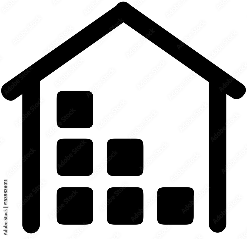 Poster illustration of a house shape containing a stack of black squares arranged in a descending pattern