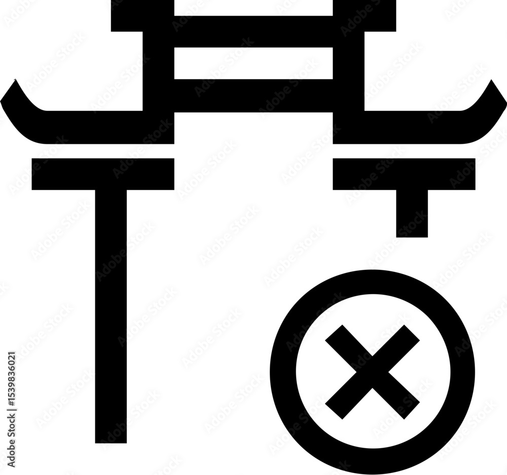 Poster illustration of a torii gate with an x mark inside a circle on the bottom right corner of the image
