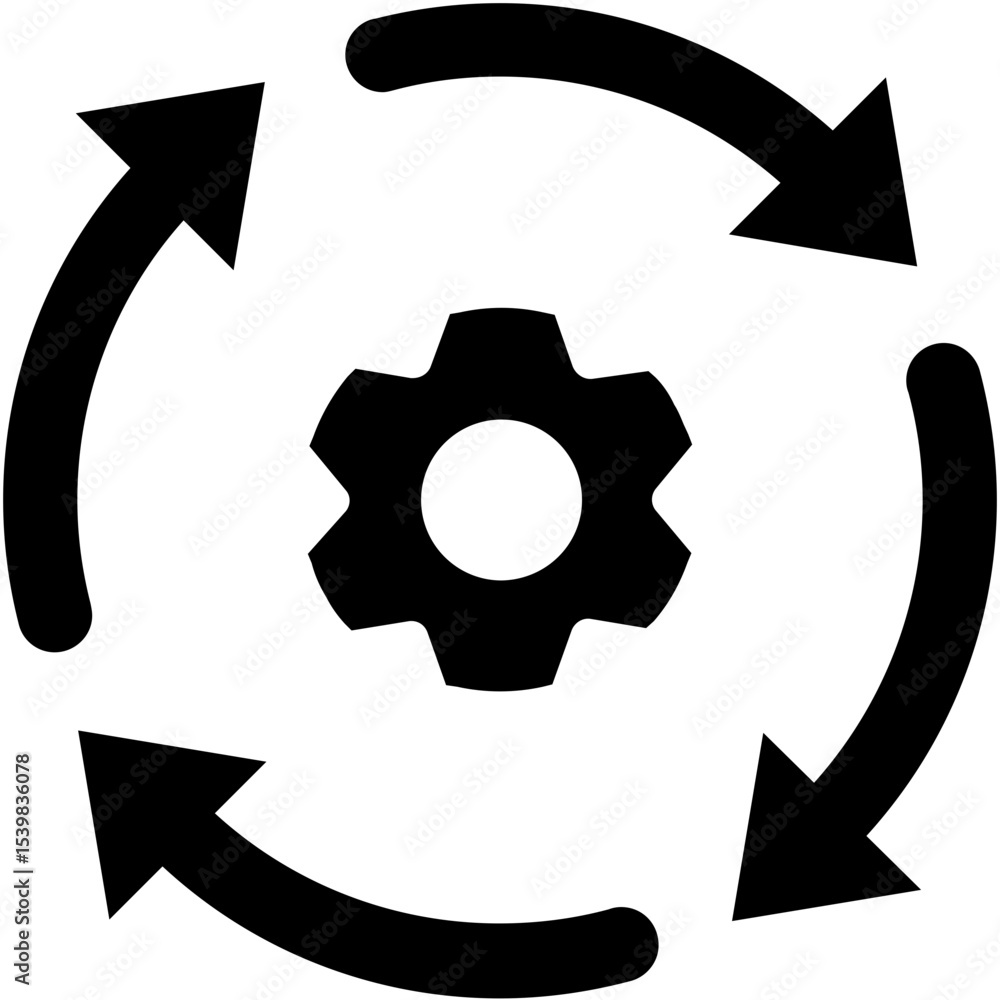 Poster gear surrounded by circular arrows indicating process or rotation in a black and white design elemen