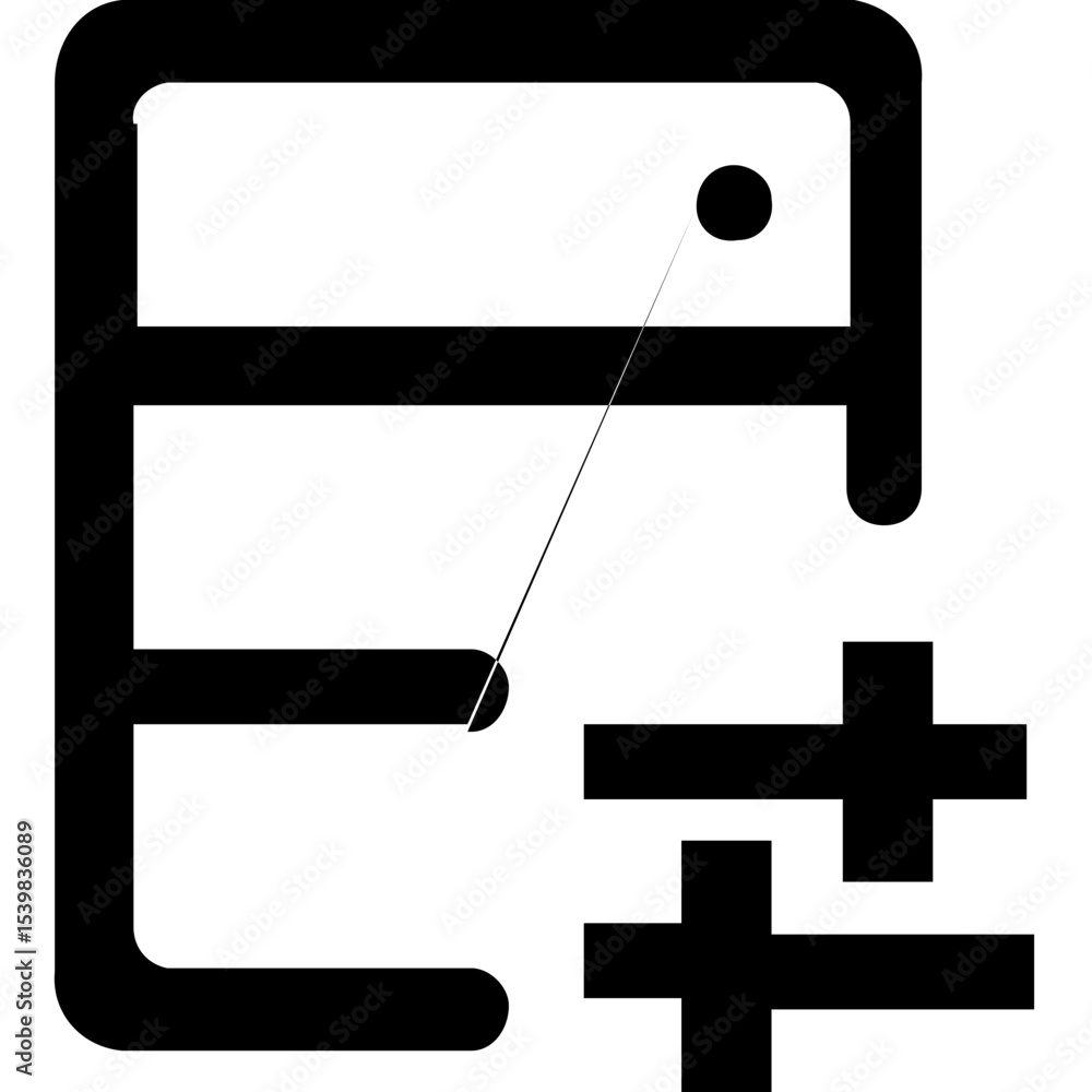 Aufkleber black outline of a document with a dot and two plus signs on a white background icon style