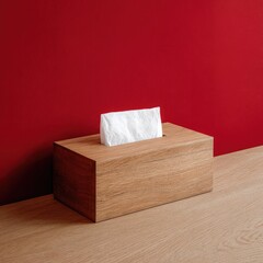 Light oak wood tissue box sits on light wood surface against a deep red wall.  A few tissues peek from the top opening