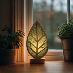 A leaf-shaped nightlight, illuminated from within, sits on a windowsill amongst potted plants, casting a warm glow