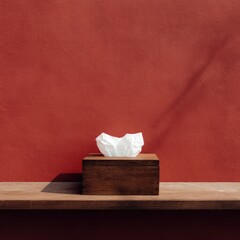 A rustic wooden tissue box containing a crumpled white tissue sits on a wooden shelf against a deep red wall, cast in sunlight