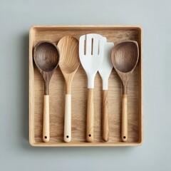 A light oak tray holds four wooden spoons and a white silicone spatula; minimalist aesthetic