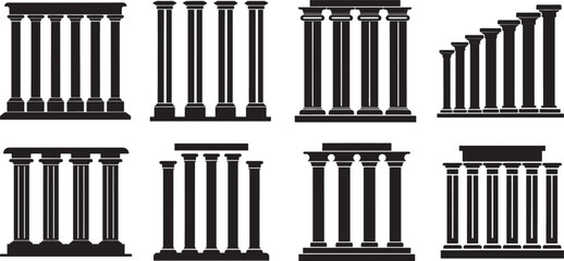 Obraz premium set of columns standing in a row silhouette, black and white silhouette, vector and illustration