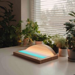 Wooden arched lamp with color-changing LED light base, sitting on a table amongst houseplants near a window