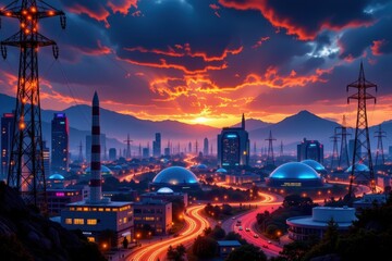 Fototapeta premium a futuristic clean energy city powered by nuclear energy, glowing power lines, night sky, modern buildings, sci fi inspiration