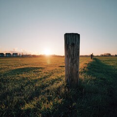 Weathered wooden post stands in grassy field at sunset; sun's glow casts lens flare