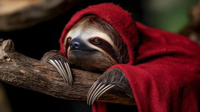 A sloth wrapped in a red blanket, resting on a branch with a calm expression.