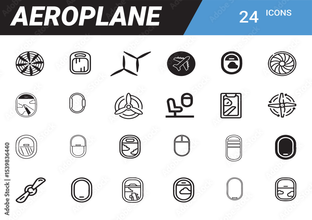 Poster aeroplane icons set: a comprehensive array of aviation icons showcasing various aeroplane elements, 