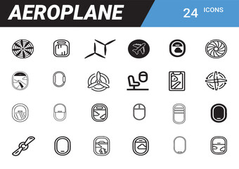 Aeroplane Icons Set: A comprehensive array of aviation icons showcasing various aeroplane elements, perfect for a user-friendly interface or educational materials, conveying simplicity and clarity.
