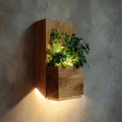 A minimalist oak wood wall planter with integrated LED lighting, showcasing lush greenery