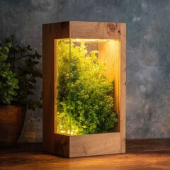 Illuminated wooden box enclosure showcasing preserved greenery within clear resin, subtly lit from behind