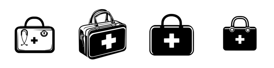 Obraz premium Set of black first aid kit icons depicting various styles and designs for medical use and emergency preparedness