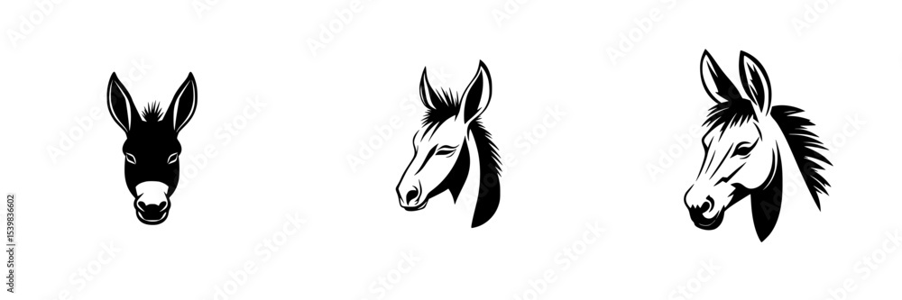 Poster set of three black icons depicting donkey heads in different styles and expressions, suitable for va