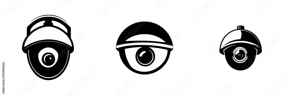 Poster set of three black icons representing different styles of security cameras for use in design and ill