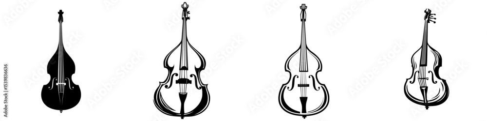 Poster set of black musical icons representing different styles of string instruments in a simple design