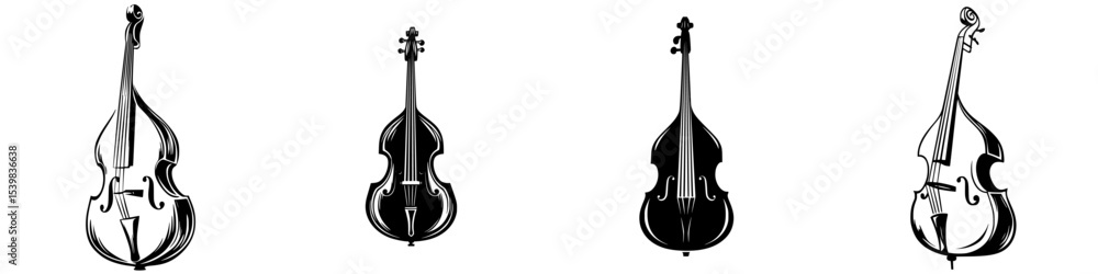 Poster illustration of black musical instruments showcasing different styles and designs of stringed bass i