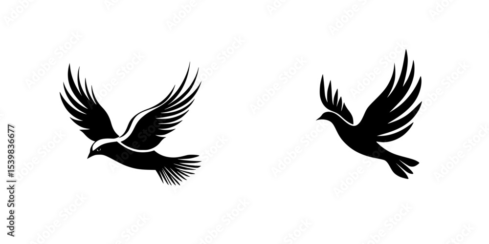 Poster set of two black bird icons in flight suitable for various design applications and artistic projects