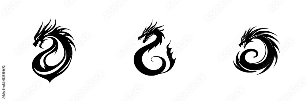 Aufkleber black dragon icons in three distinct styles showcasing intricate line designs and dynamic shapes
