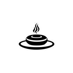 Black icon of a steaming dish on a plate representing food service or culinary arts in a modern style