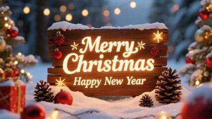Illuminated christmas sign wishes merry christmas and happy new year with winter wonderland scenery 4K Ai HD video.
- Powered by Adobe