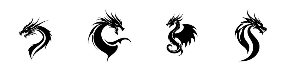 Fototapeta premium Black dragon icons featuring different styles, showcasing a variety of intricate designs and elements