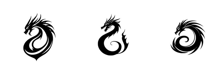 Obraz premium Black dragon icons in three distinct styles showcasing intricate line designs and dynamic shapes