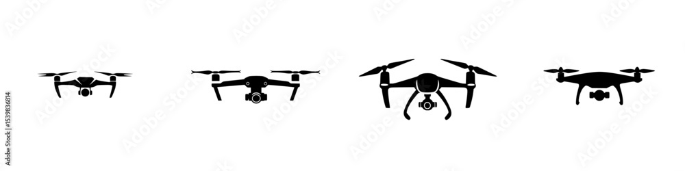 Poster black drone icons showcasing different models and designs in a minimalist style for digital use