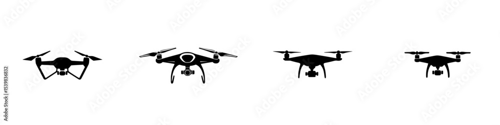 Aufkleber black icon set featuring various drone designs for digital use in tech-related graphics or presentat