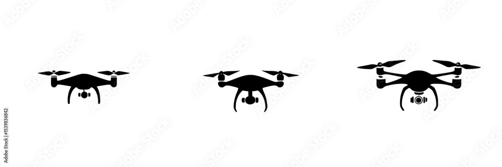 Poster set of three black drone icons in minimalist design for digital applications