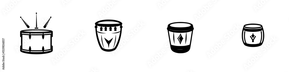 Poster set of four black icons representing different types of drums and percussion instruments created in 